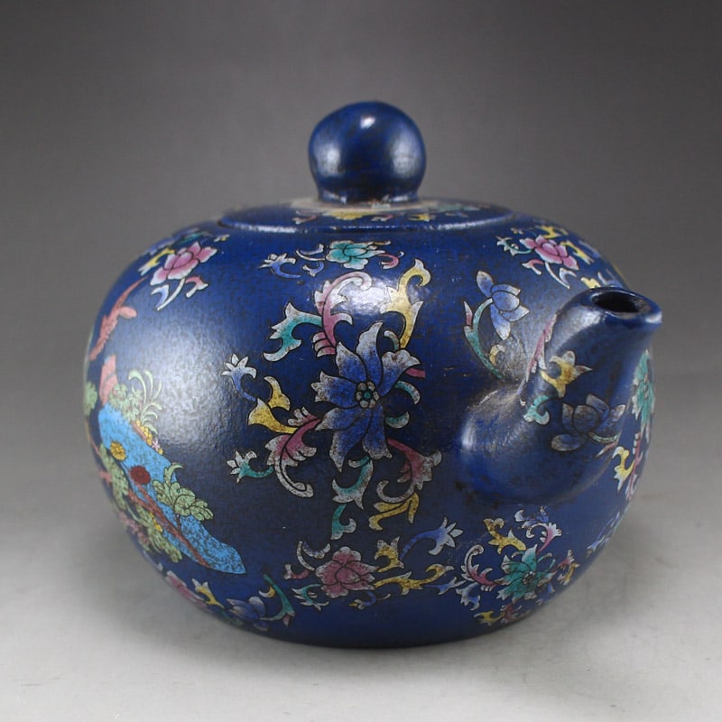 Famille Rose Blue Yixing Zisha Clay Flower Teapot - 5