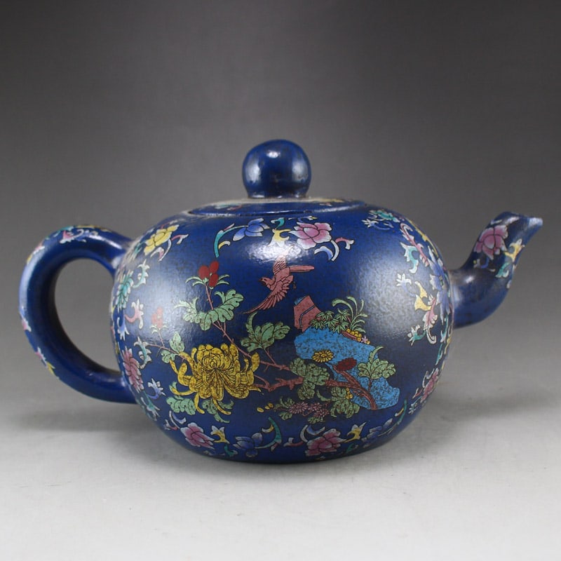 Famille Rose Blue Yixing Zisha Clay Flower Teapot - 7