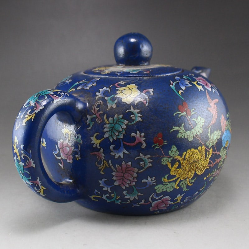 Famille Rose Blue Yixing Zisha Clay Flower Teapot - 8