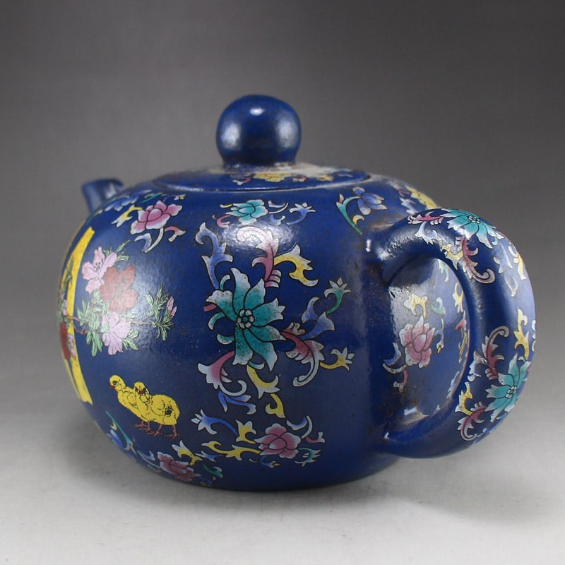 Famille Rose Blue Yixing Zisha Clay Flower Teapot - 9