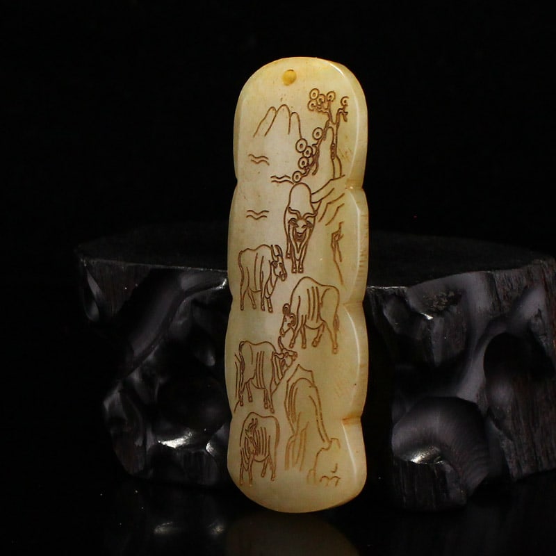 Hetian Jade Five Oxen Pendant - 7