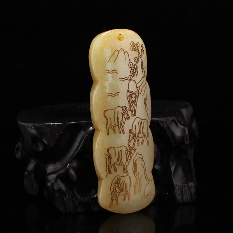 Hetian Jade Five Oxen Pendant - 8