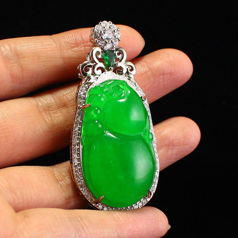 Silver Inlay Green Jade Pendant - 5