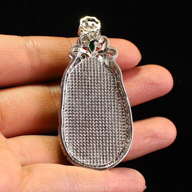 Silver Inlay Green Jade Pendant - 6