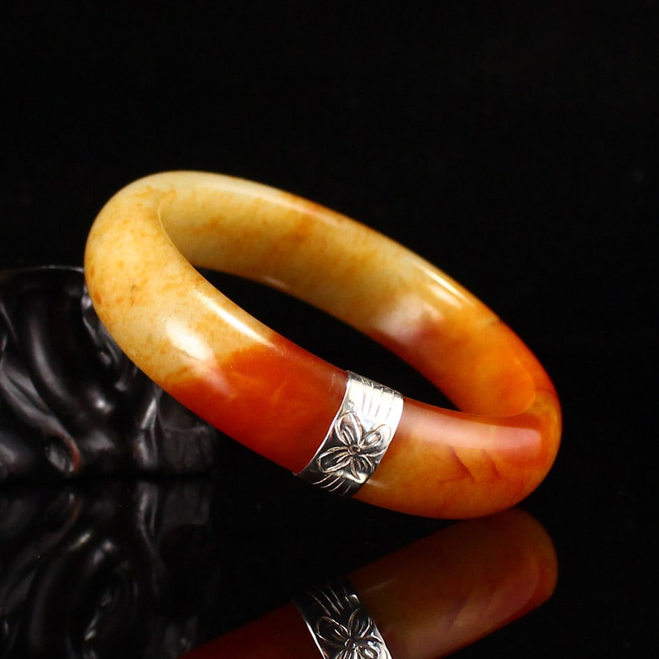 Inside Diameter 57mm Hetian Jade Inlay Silver Bracelet - 2