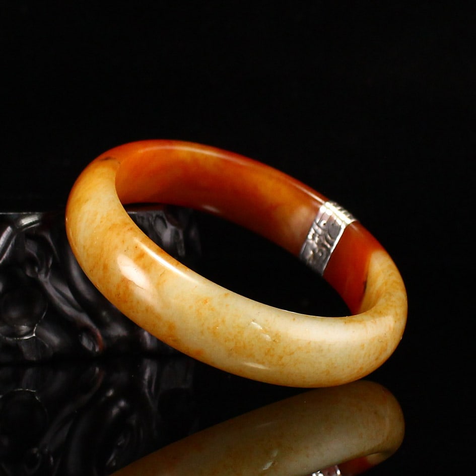Inside Diameter 57mm Hetian Jade Inlay Silver Bracelet - 3