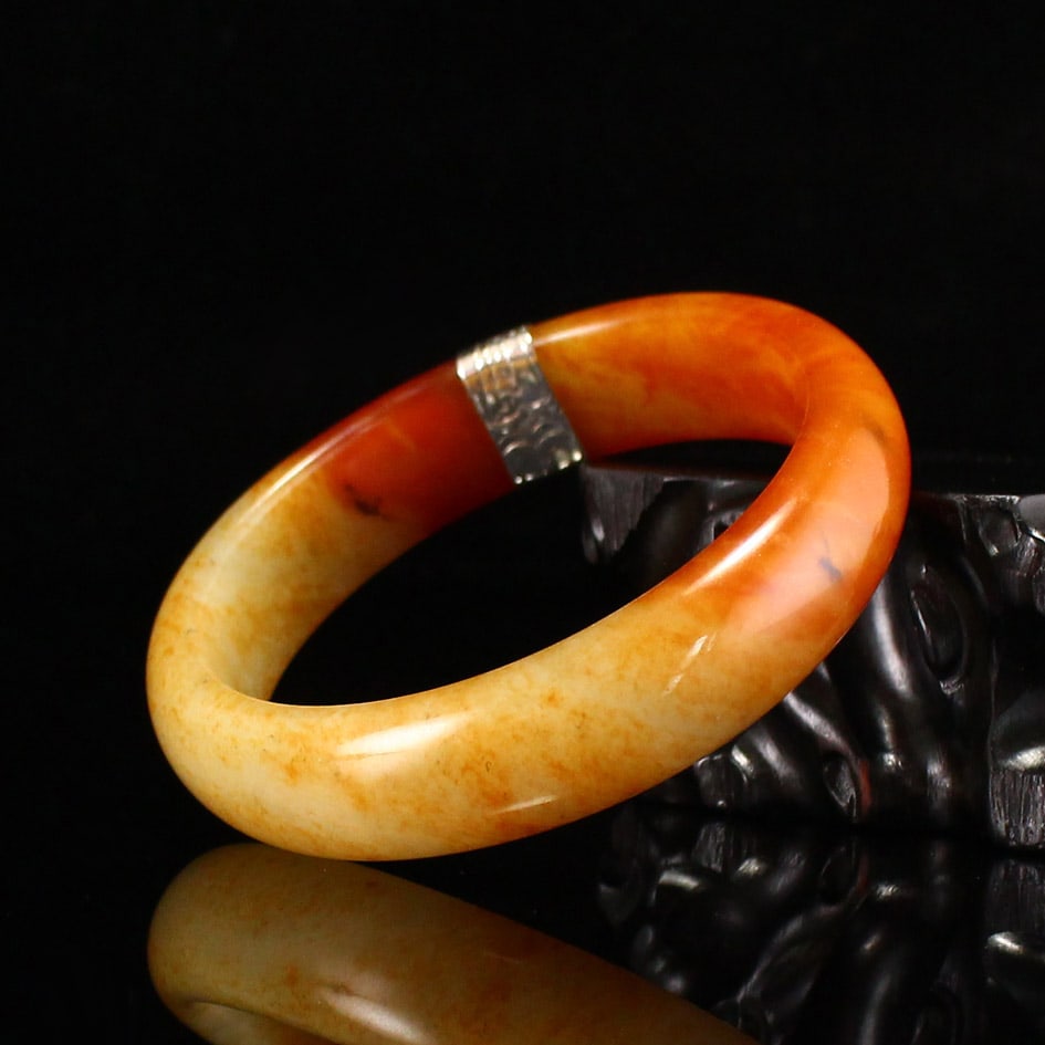 Inside Diameter 57mm Hetian Jade Inlay Silver Bracelet - 4