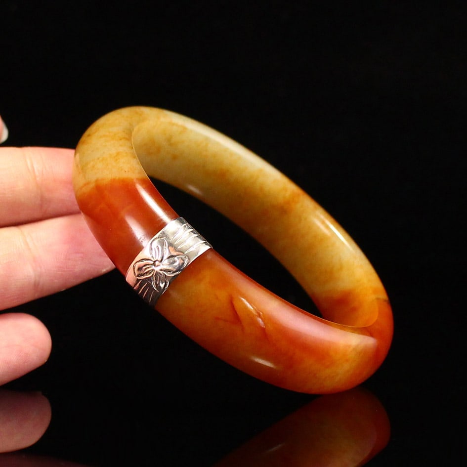 Inside Diameter 57mm Hetian Jade Inlay Silver Bracelet - 5