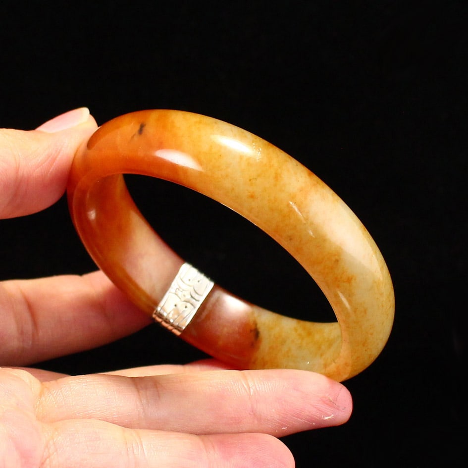 Inside Diameter 57mm Hetian Jade Inlay Silver Bracelet - 6