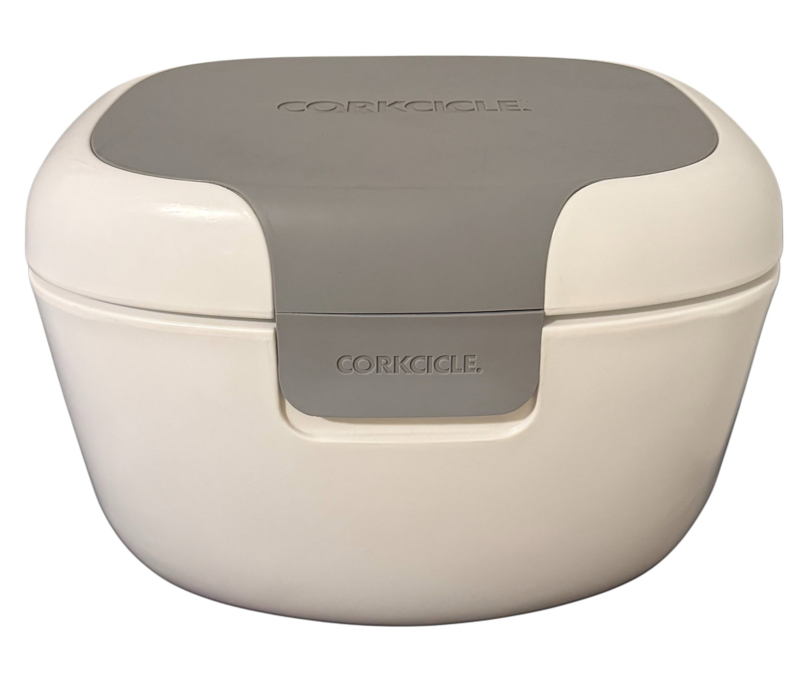 Corkcicle 25-Quart Cooler: A modern Corkcicle cooler, 25-quart capacity, made of durable white plastic with a grey silicone top and handle grip. Features an airtight seal, and a removable divider for organized storage. Perfect 