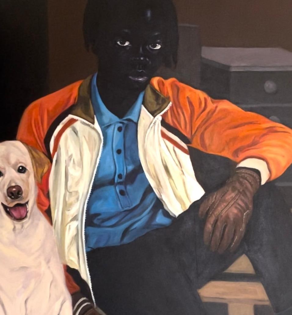 Akingbade Mayowa, At The Warehouse - 21st Century, Contemporary, Figurative Portrait, Woman, Dog, - 11