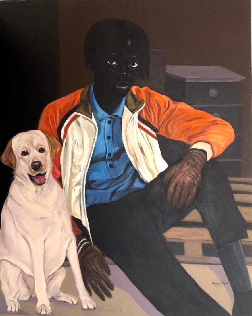 Akingbade Mayowa, At The Warehouse - 21st Century, Contemporary, Figurative Portrait, Woman, Dog, - 12
