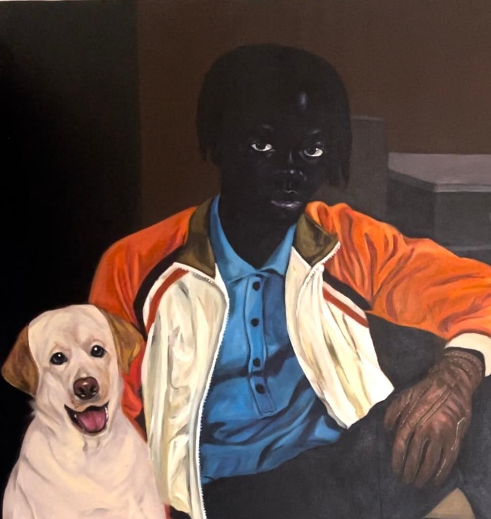 Akingbade Mayowa, At The Warehouse - 21st Century, Contemporary, Figurative Portrait, Woman, Dog, - 6
