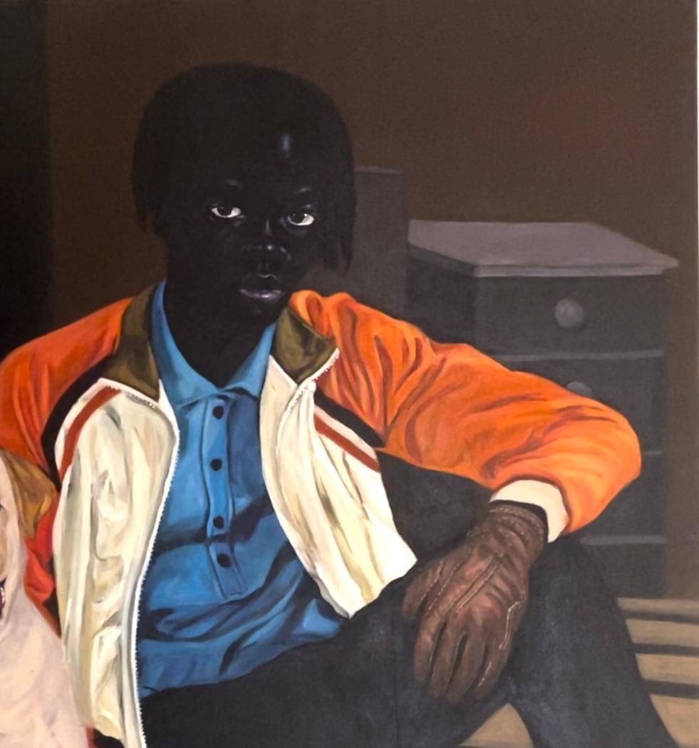 Akingbade Mayowa, At The Warehouse - 21st Century, Contemporary, Figurative Portrait, Woman, Dog, - 7