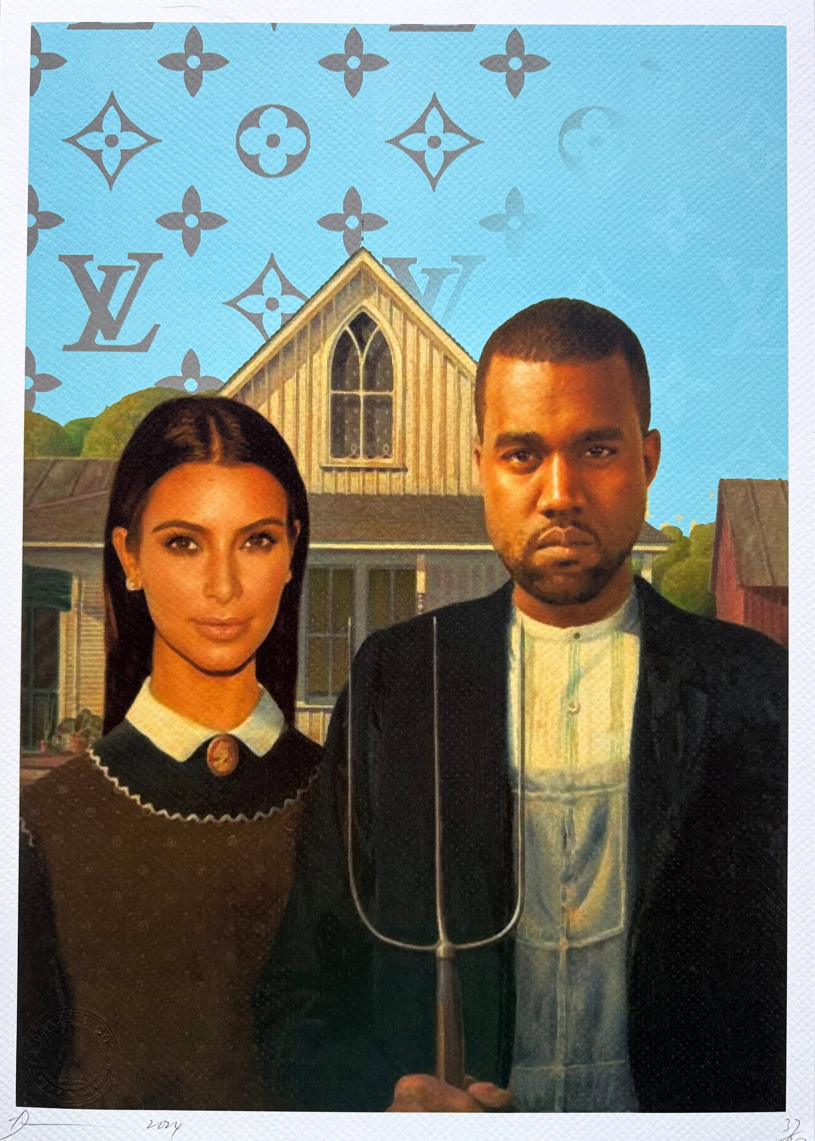 Death NYC Kim Kanye LV: Title:Death NYC Kim Kanye LV Date/Period:21st Century Materials:Giclee on Fine art 300 gsm paper Size:17 3/4 x 12 1/2 inches Description:Artist: Death NYC, limited edition giclee on paper, out of eddi