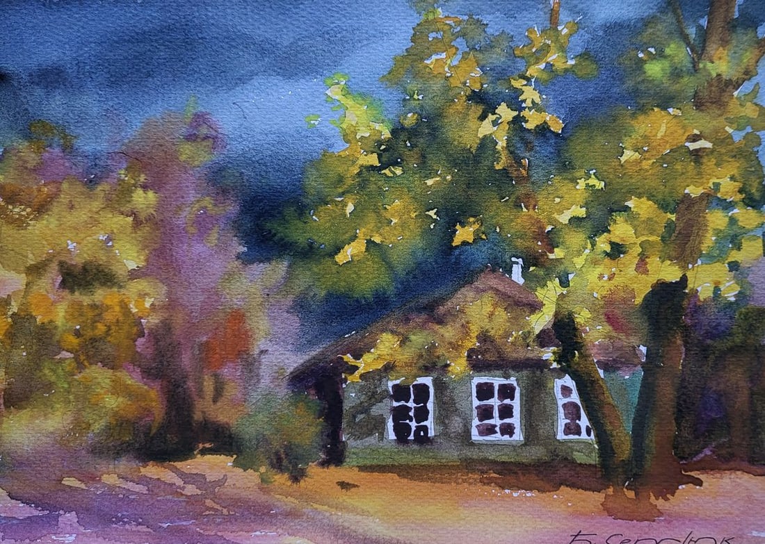 Watercolor painting Leaves at the doorstep Boris Serdyuk: Title: Watercolor painting Leaves at the doorstep Boris Serdyuk Description: NoSERB 1208The Watercolor painting on Paper titled "Leaves at the Doorstep" is a vivid and emotionally resonant depiction o