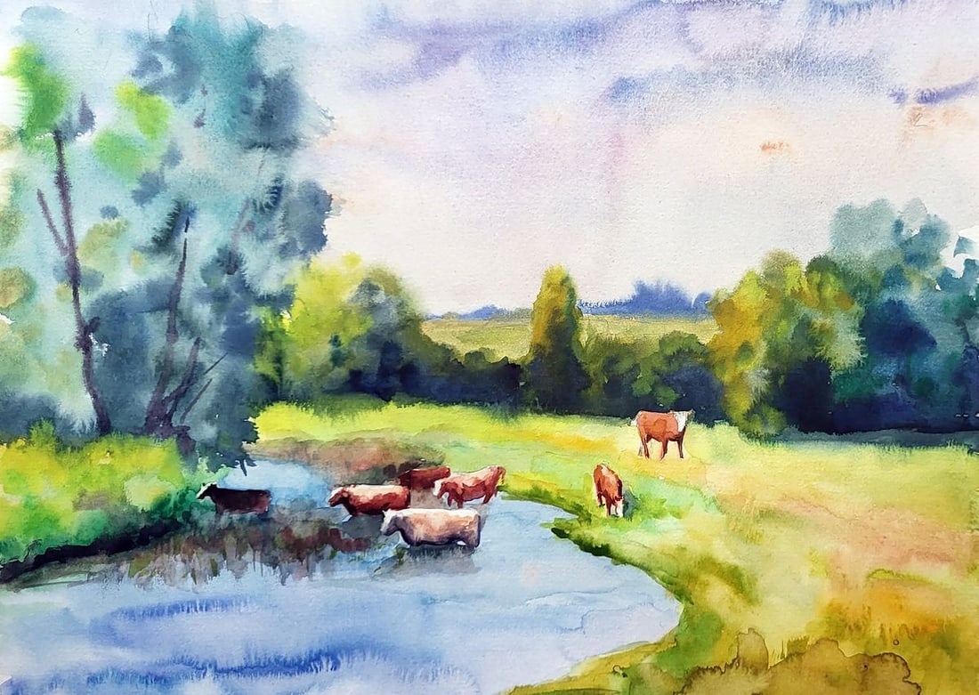 Watercolor painting At watering holes Serdyuk Boris Petrovich: Title: Watercolor painting At watering holes Serdyuk Boris Petrovich Description: NoSERB 956This tranquil watercolor painting titled "At Watering Holes" offers a serene depiction of rural life, highli