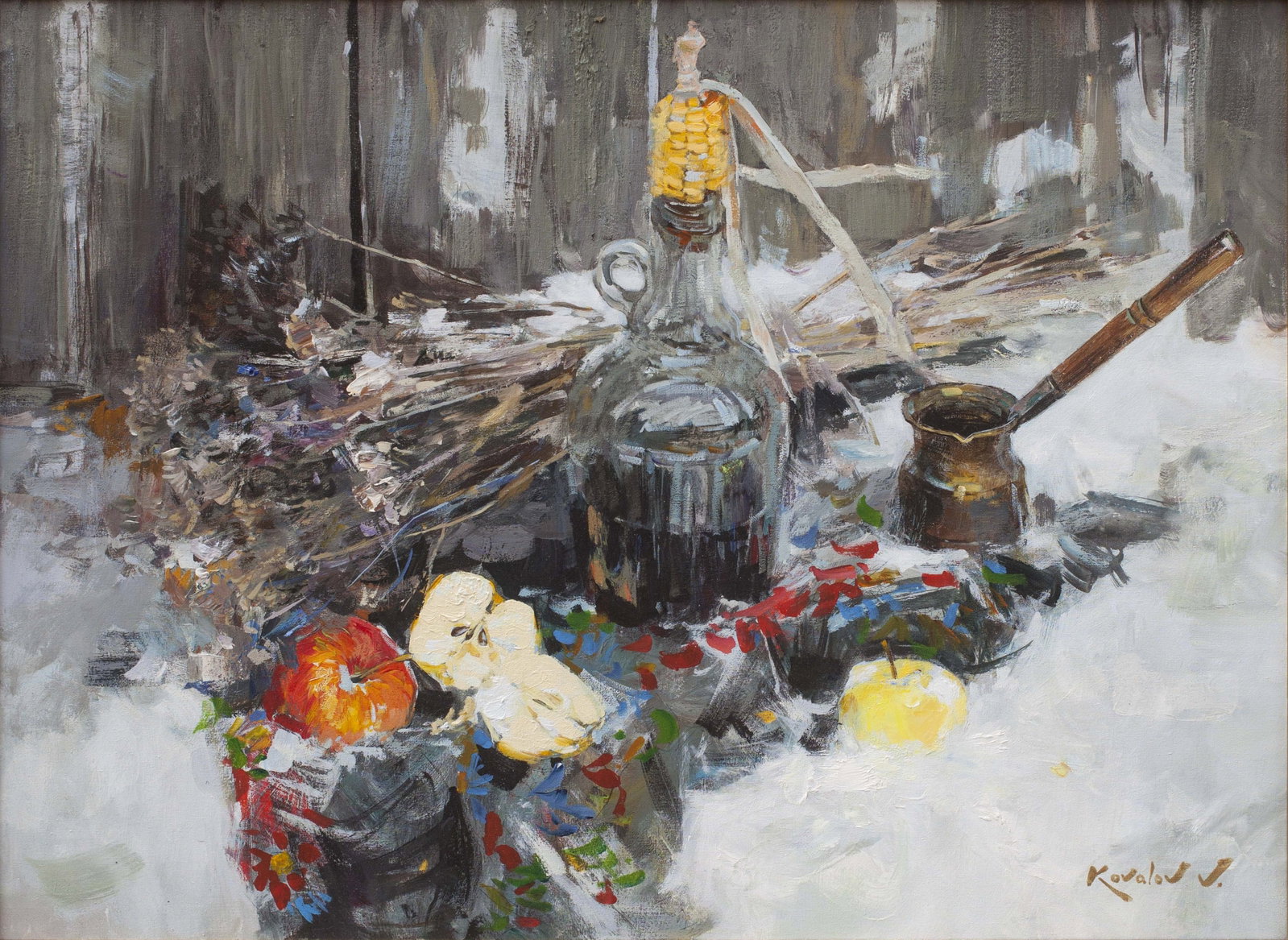 Oil painting Winter still life.Red wine Ukrainian Artist: Title: Oil painting Winter still life.Red wine Ukrainian Artist Description: 77KV Painter: Kovaliov V. Size: 60x80 cm/23.6x31.5 inches Components: oil, canvas Original painting from our collection ERA
