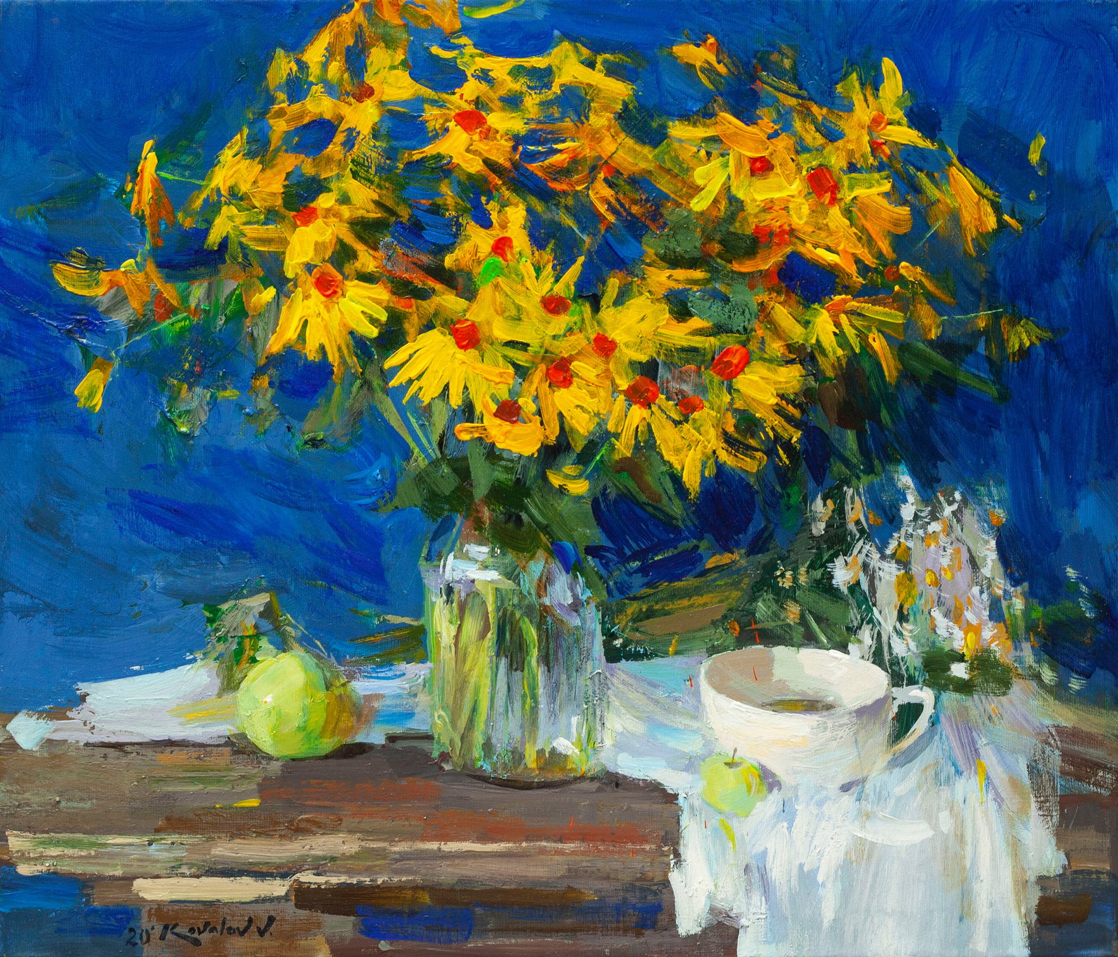 Oil painting Yellow flowers Ukrainian Artist: Title: Oil painting Yellow flowers Ukrainian Artist Description: 80KV Painter: Kovaliov V. Size: 60x70 cm/23.6x27.6 inches Components: acrylic, canvas Original painting from our collection ERA: 2020 S