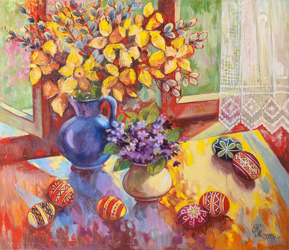Oil painting Easter still life Maria Mitrick: Title: Oil painting Easter still life Maria Mitrick Description: 40MITR Painter: Maria Mitrick Size: 60x70 cm/ 23.6x27.5 inches Components: oil, canvas Original painting CONDITION: exellent ERA: 2015 