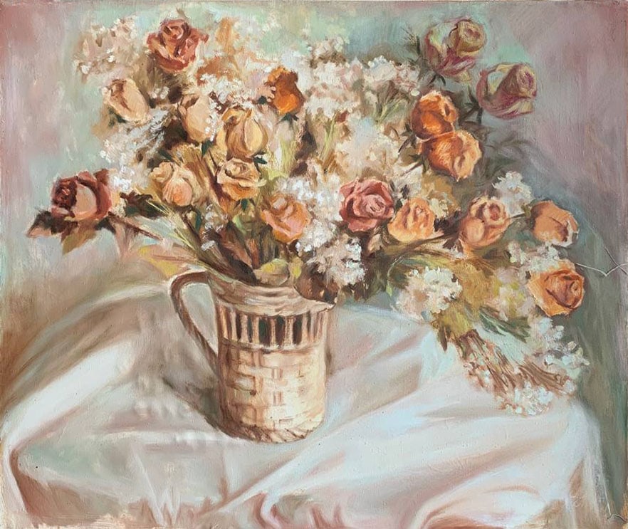 Oil painting dried roses Maria Mitrick: Title: Oil painting dried roses Maria Mitrick Description: 53MITR Painter: Maria Mitrick Size: 50x60 cm/ 19.6x23.6 inches Components: oil, canvas Original painting CONDITION: exellent ERA: 2010 ARTIST