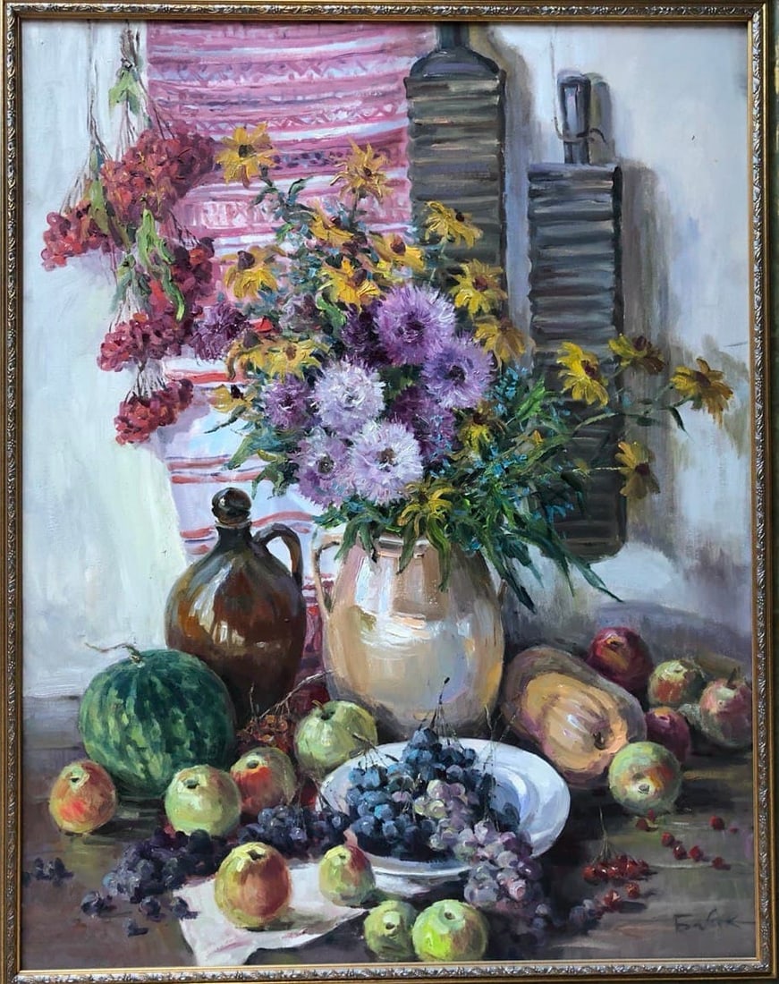 Oil painting Flowers and fruits Vyacheslav Petrovich Babac: Title: Oil painting Flowers and fruits Vyacheslav Petrovich Babac Description: 41BA Painter: Vyacheslav Petrovick Babac Size: 90x70 cm/35.4x27.5 inches Components: oil, canvas Original painting from o