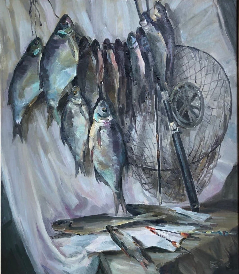 Oil painting Fish Vyacheslav Petrovich Babac: Title: Oil painting Fish Vyacheslav Petrovich Babac Description: 50BA Painter: Vyacheslav Petrovick Babac Size: 70x60 cm/27.5x23.6inches Components: oil, canvas Original painting from our collection E