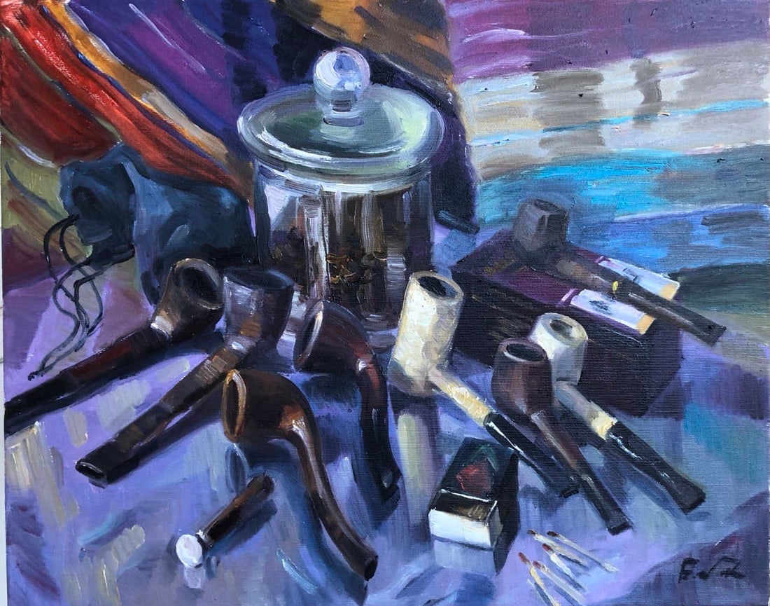Oil painting Pipes collection Vyacheslav Petrovich Babac: Title: Oil painting Pipes collection Vyacheslav Petrovich Babac Description: 69BA Painter: Vyacheslav Petrovick Babac Size: 40x50 cm/15.7x19.9 inches Components: oil, canvas Original painting from our