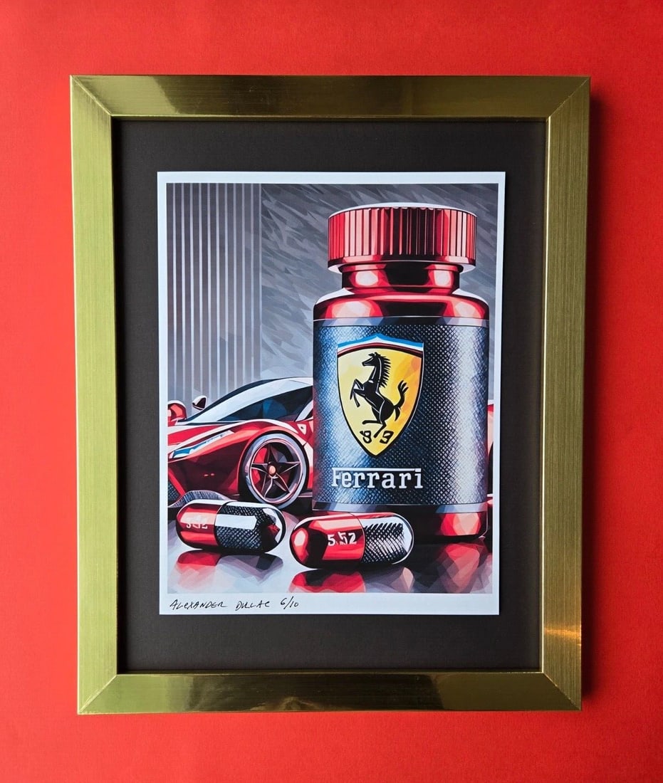 ALEXANDER DULAC | MY FERRARI ELIXIR Hand Signed Authentic Print Ed. of 10 COA: My art is a celebration of the grandeur and splendor of the Legends of our Time. Through my portraits, I seek to immortalize those who not only define but also inspire aspiration and luxury in our con