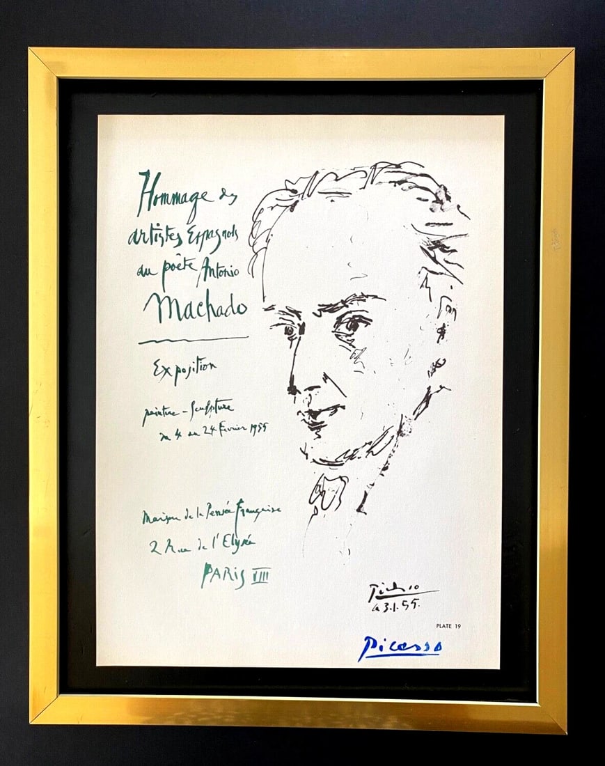 PABLO PICASSO | Vintage 1964 Signed Offset Lithograph | Ltd. Ed | Framed: Vintage 1964 Offset Lithograph PABLO PICASSO "Machado" Facsimile Signed in Blue Ink Art Print is about 12 X 9 in. This piece is mounted on a 11 x 14 in. black acid free premium black board and Framed.
