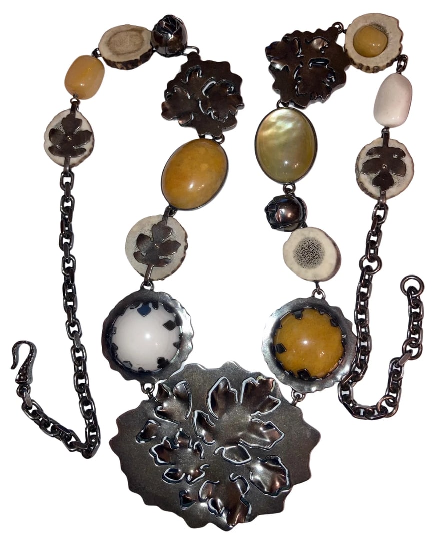 Bottega Veneta Sterling Silver Horn Cinnamon Jade Statement Necklace - 7