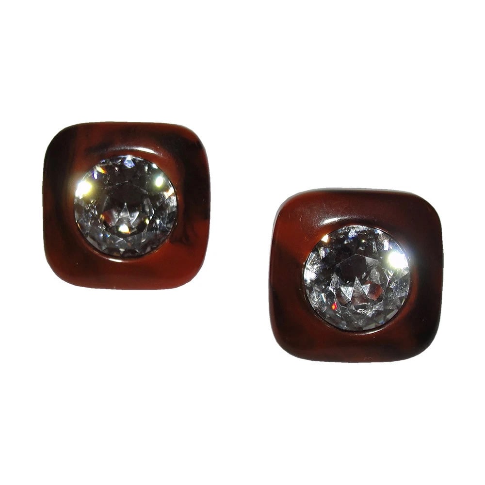 Lanvin Brown Swirl Bakelite Headlight Rhinestone Earrings - 2