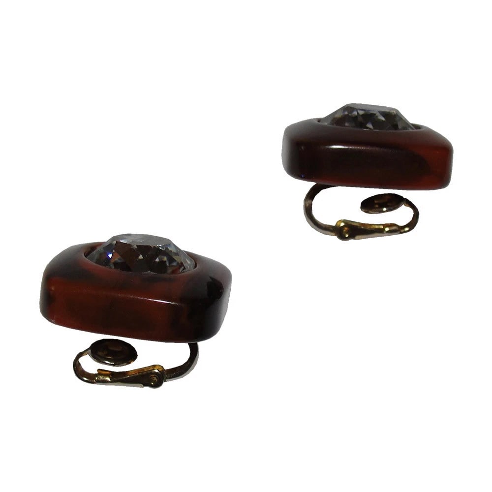 Lanvin Brown Swirl Bakelite Headlight Rhinestone Earrings - 3
