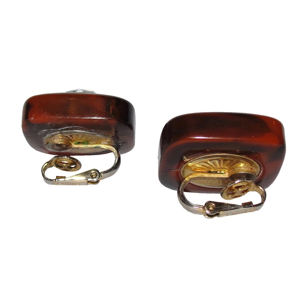 Lanvin Brown Swirl Bakelite Headlight Rhinestone Earrings - 5