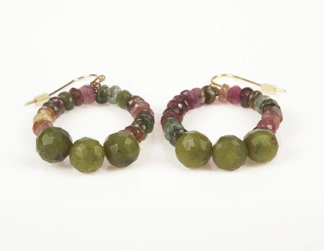 Green and Pink Tourmaline Bead Hoop Earrings - 3