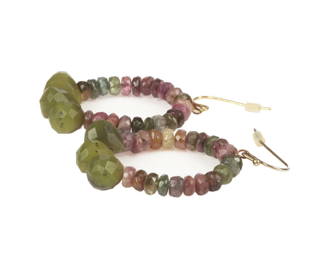 Green and Pink Tourmaline Bead Hoop Earrings - 4