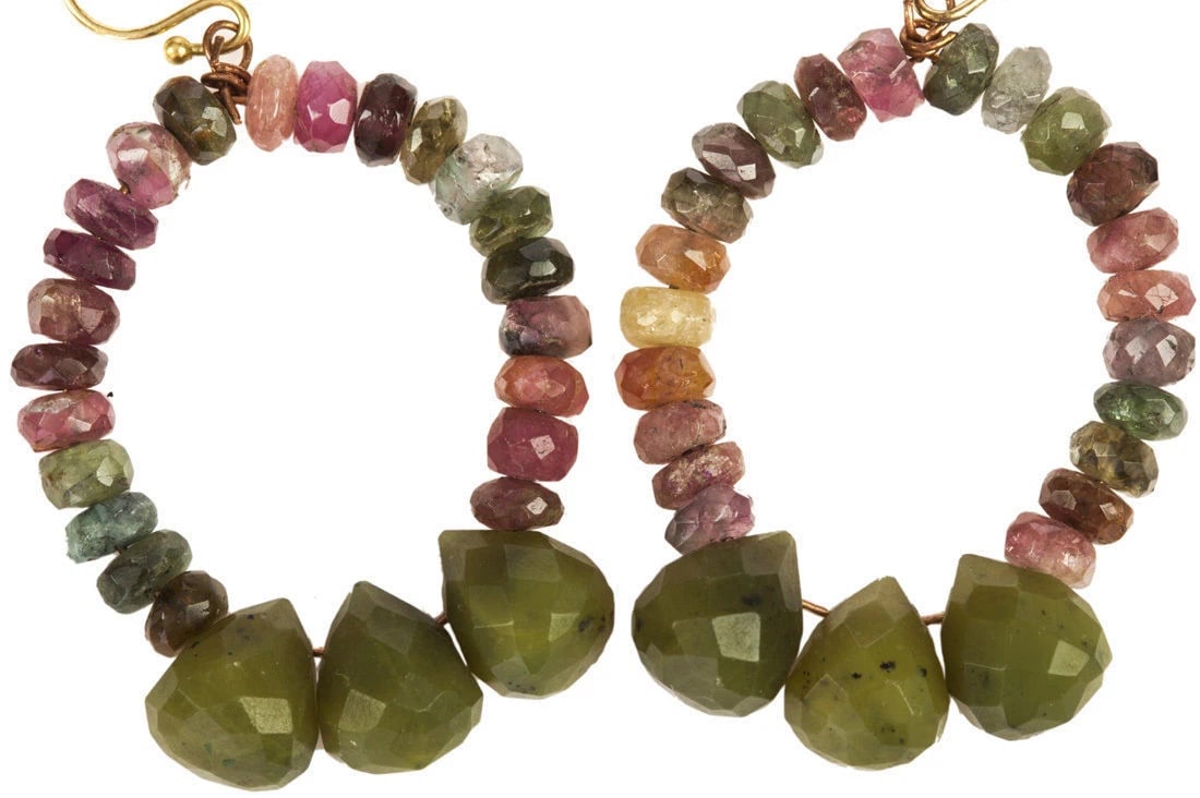 Green and Pink Tourmaline Bead Hoop Earrings - 5
