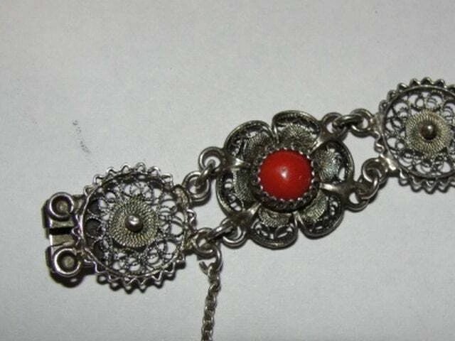 Sterling Silver Filigree and Cabochon Blood Red Coral Bracelet - 4
