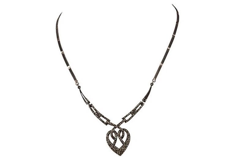 Art Deco Sterling Silver Pave Marcasite Heart Necklace - 3