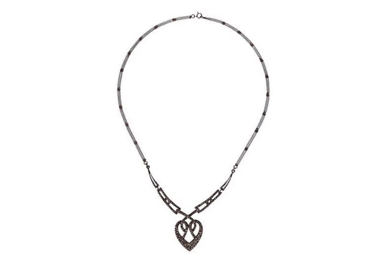 Art Deco Sterling Silver Pave Marcasite Heart Necklace - 4