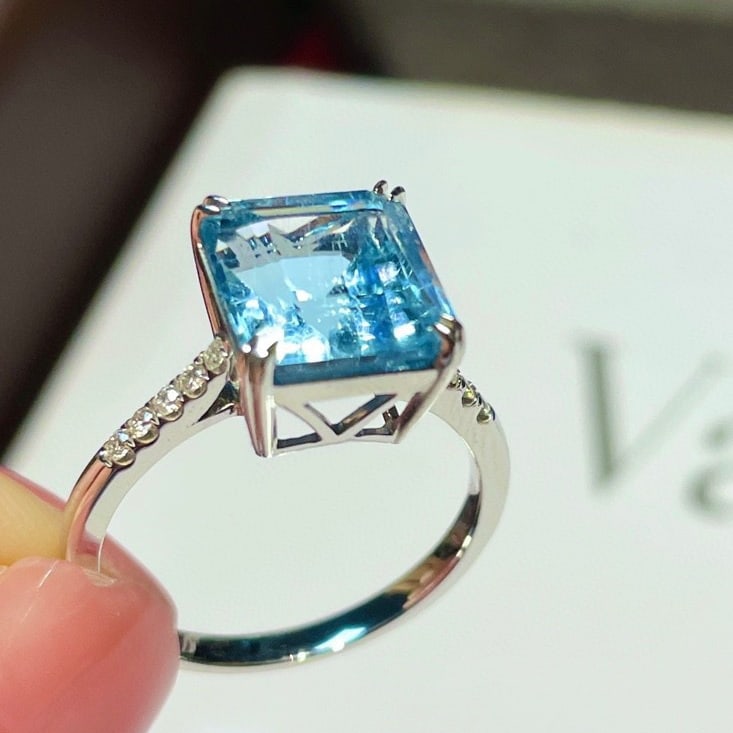 14K GOLD 3.95 CT NATURAL AQUAMARINE & DIAMOND RING - 7