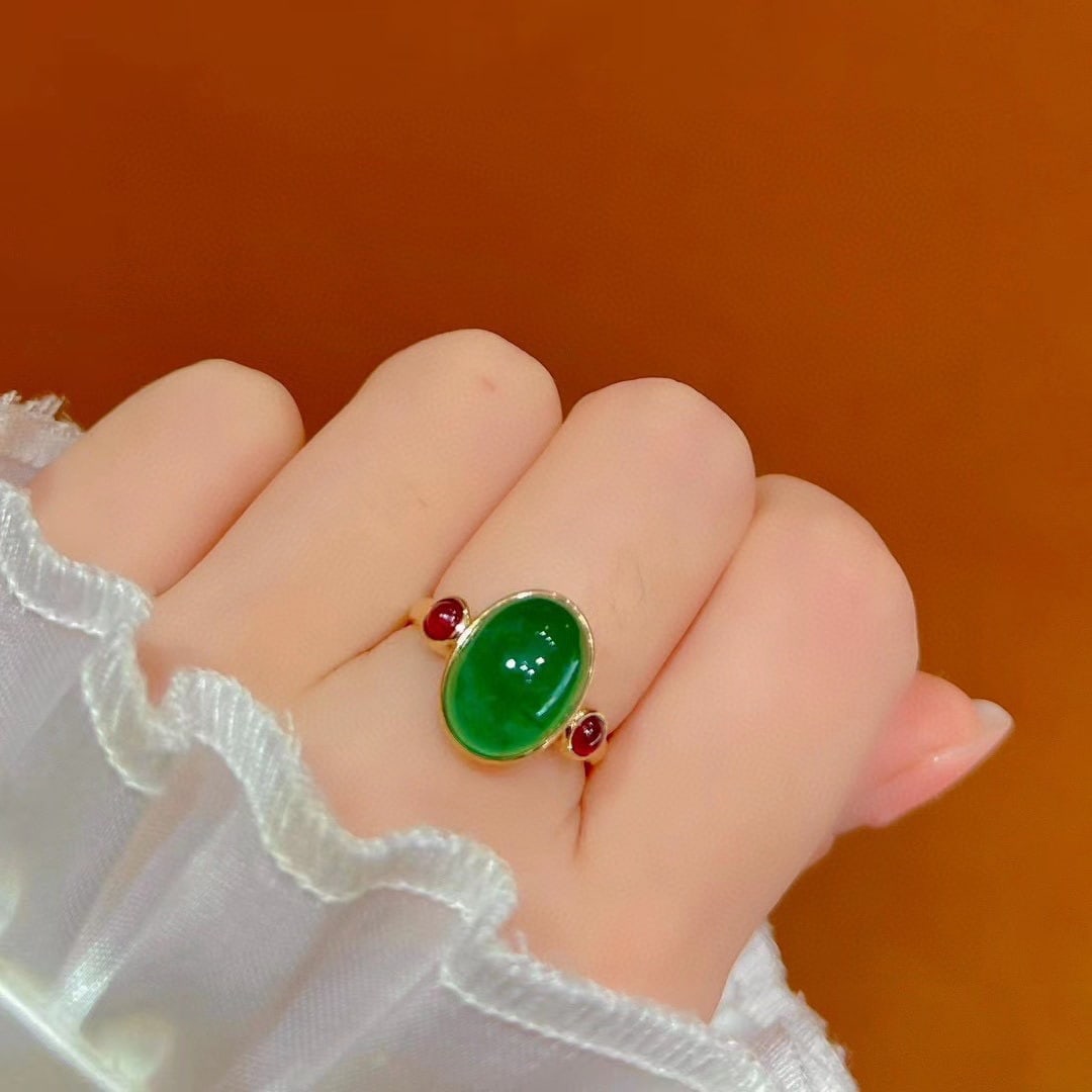 14K GOLD 4.5 CT VIVID GREEN NATURAL EMERALD & RUBY RING - 2