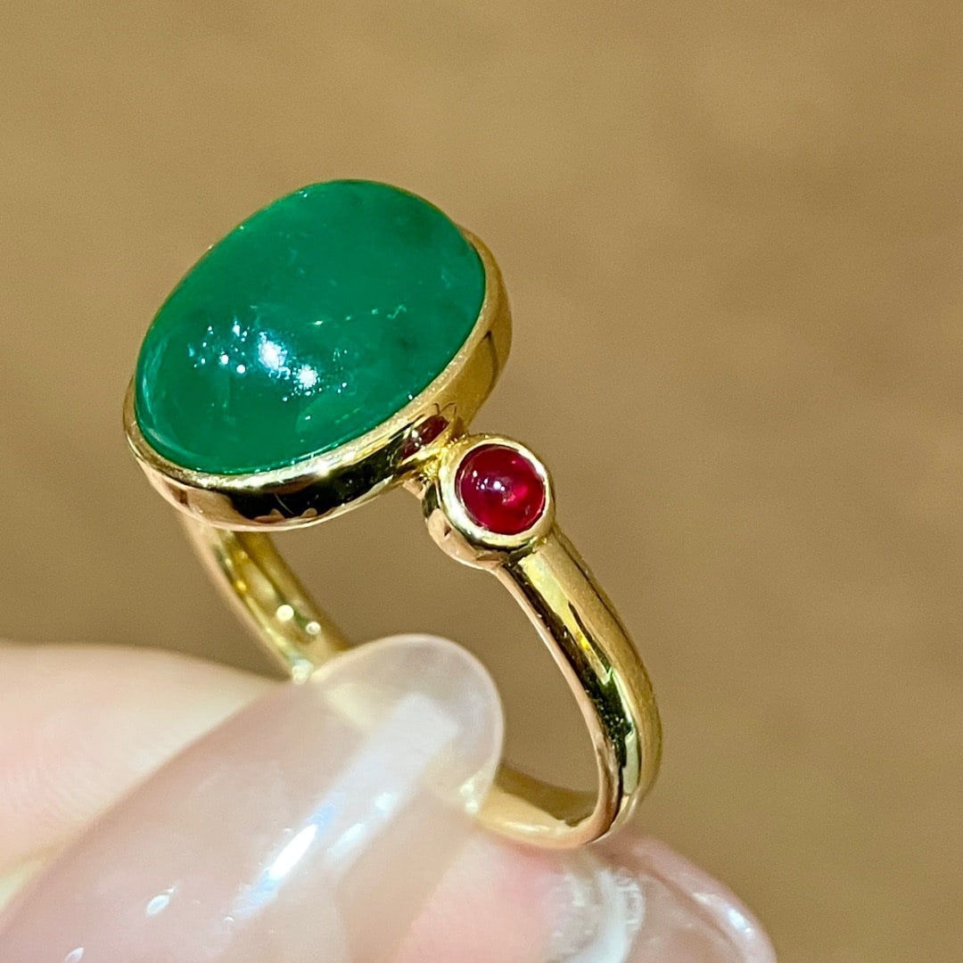 14K GOLD 4.5 CT VIVID GREEN NATURAL EMERALD & RUBY RING - 5