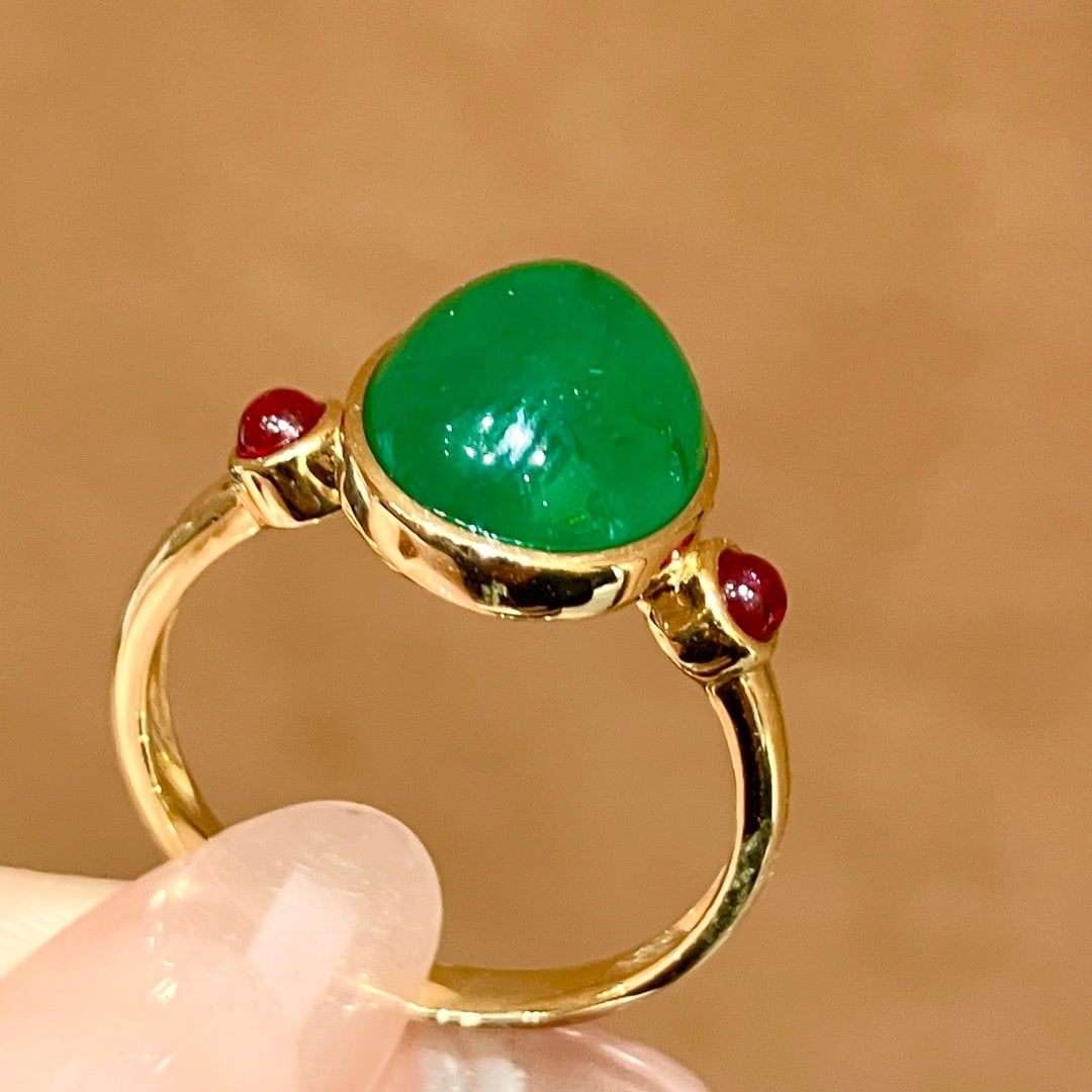 14K GOLD 4.5 CT VIVID GREEN NATURAL EMERALD & RUBY RING - 6