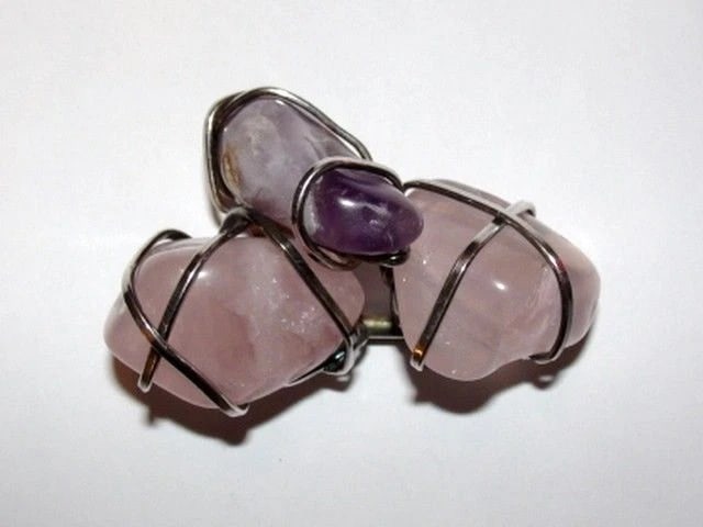 Sterling Silver Wrapped Rose Quartz and Amethyst Rocks - 2