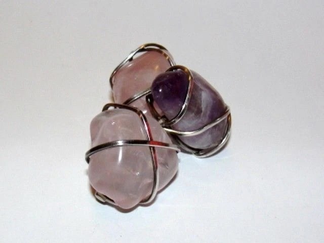 Sterling Silver Wrapped Rose Quartz and Amethyst Rocks - 3