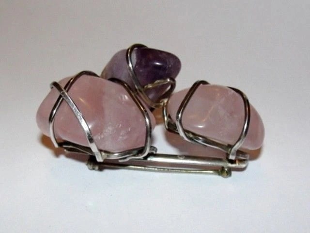 Sterling Silver Wrapped Rose Quartz and Amethyst Rocks - 4