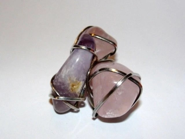 Sterling Silver Wrapped Rose Quartz and Amethyst Rocks - 5