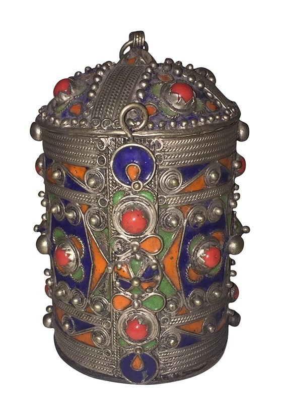 Kabyle Berber Algeria Silver Tone Metal Enamel Coral Cuff Bracelet Vintage - 2