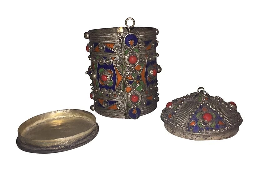 Kabyle Berber Algeria Silver Tone Metal Enamel Coral Cuff Bracelet Vintage - 3